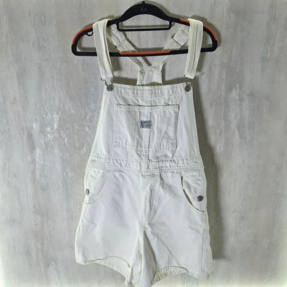 Levis Overalls Womens Small White Denim Shortalls Adjustable Straps Logo